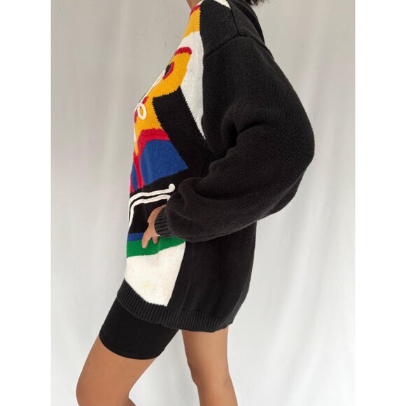 80s vintage black rainbow funky crazy abstract print embroidered knit sweater - Picture 5 of 9